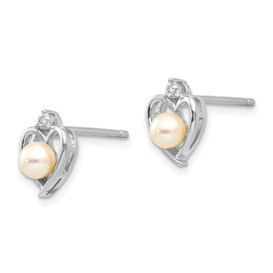 14k White Gold 4.5mm June/Freshwater Cultured Pearl and Diamond Heart Earrings