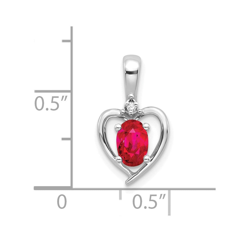 14k White Gold 6x4 Oval July/Ruby and Diamond Heart Pendant