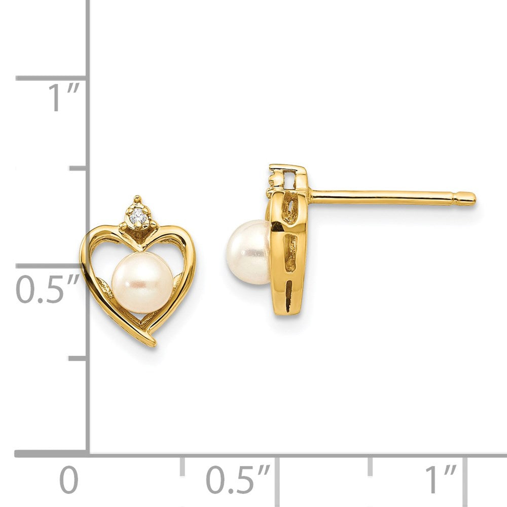 14k 4.5mm June/Freshwater Cultured Pearl and Diamond Heart Earrings
