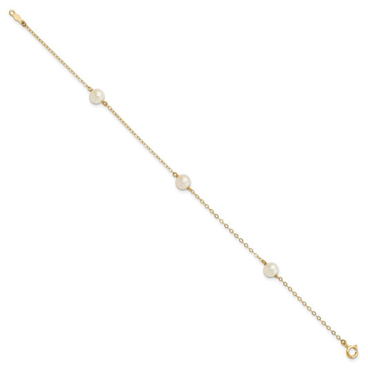 10k 5-6mm White Near-Round Freshwater Cultured Pearl 3-Station 7.25 inch Bracelet
