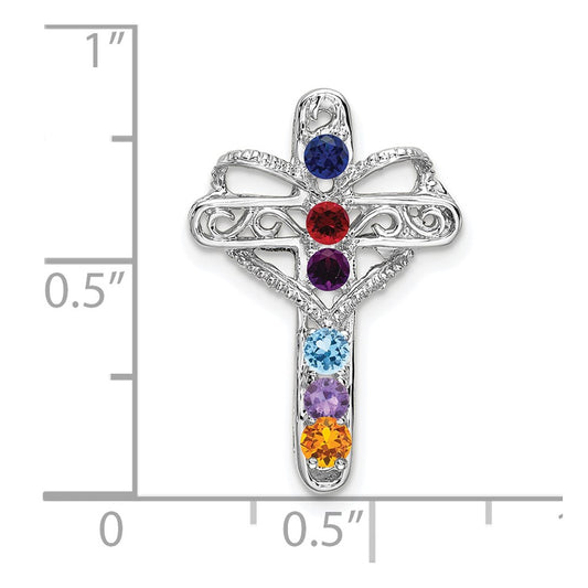 14k White Gold Polish Filigree 6-Stone Mothers Cross Pendant Mounting
