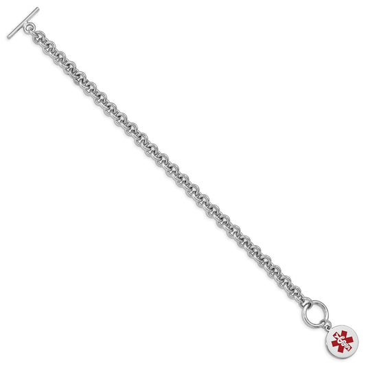 Sterling Silver Rhodium-plated Rolo Link Engravable Red Enamel 11mm Round Disc 7.75 inch Medical ID Bracelet