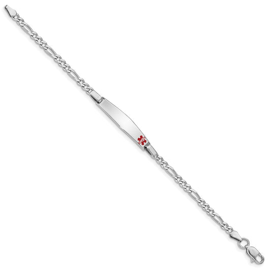 Sterling Silver Rhodium-plated Figaro Link Off-Center Red Enamel 28x6mm Plate 6 inch Medical ID Bracelet
