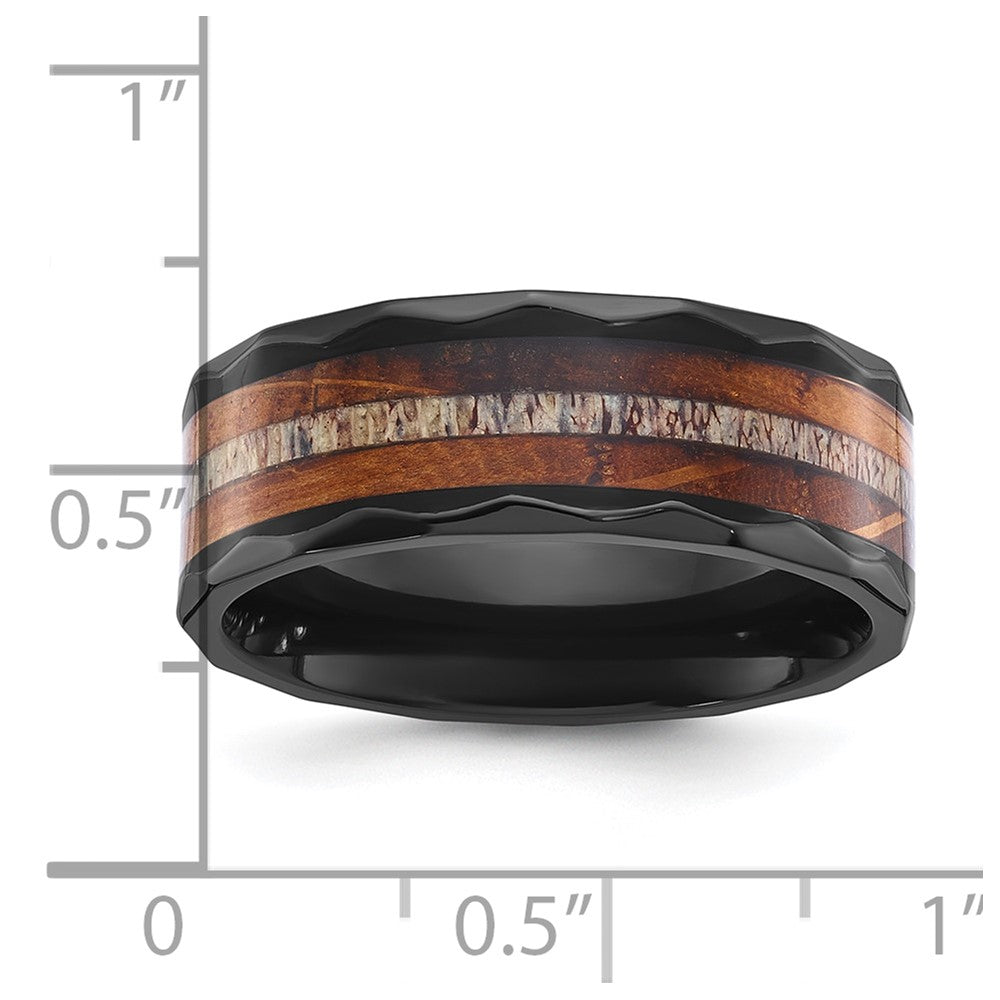 Chisel Black Zirconium Polished Faceted with Wood and Deer Antler Inlay 8mm Band