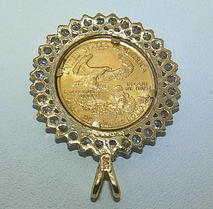 1987 $5 American Eagle Lady Liberty Coin with 14Kt 1.00 CT Diamond Halo Pendant