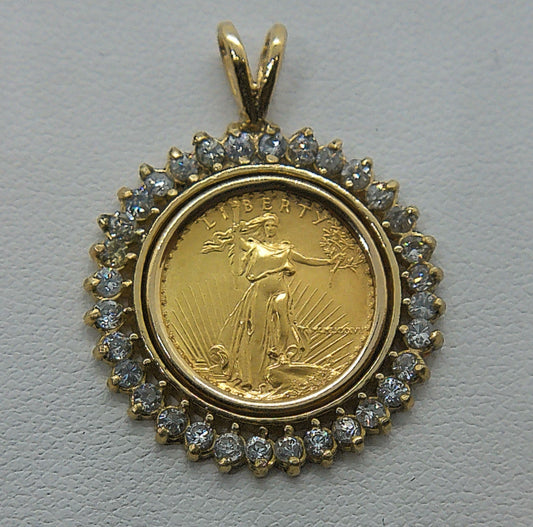 1987 $5 American Eagle Lady Liberty Coin with 14Kt 1.00 CT Diamond Halo Pendant