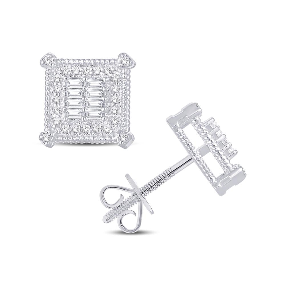 Diamond Round and Baguette Square Frame Earrings