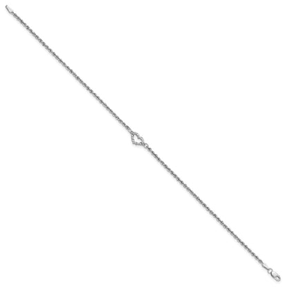 10k White Gold Diamond-cut Open Heart and Rope Chain 9 inch Anklet