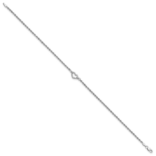 10k White Gold Diamond-cut Open Heart and Rope Chain 9 inch Anklet