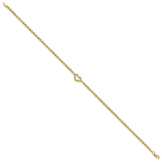 10k Diamond-cut Open Heart and Rope Chain 9 inch Anklet