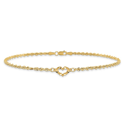 10k Diamond-cut Open Heart and Rope Chain 10 inch Anklet