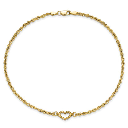 10k Diamond-cut Open Heart and Rope Chain 10 inch Anklet