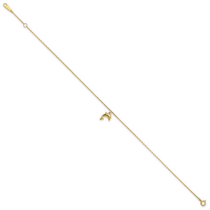 10k Polished Dolphin Charm 9 inch Plus 1 inch Extender - Total 10 inch Anklet
