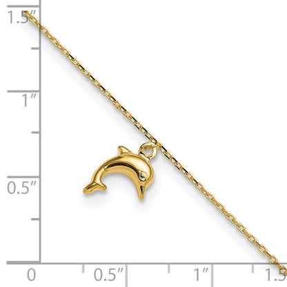 10k Polished Dolphin Charm 9 inch Plus 1 inch Extender - Total 10 inch Anklet