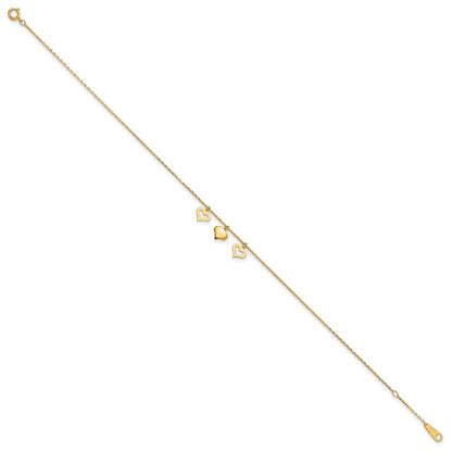 10k Polished Three Heart Dangles 9 inch Plus 1 inch Extender - Total 10 inch Anklet