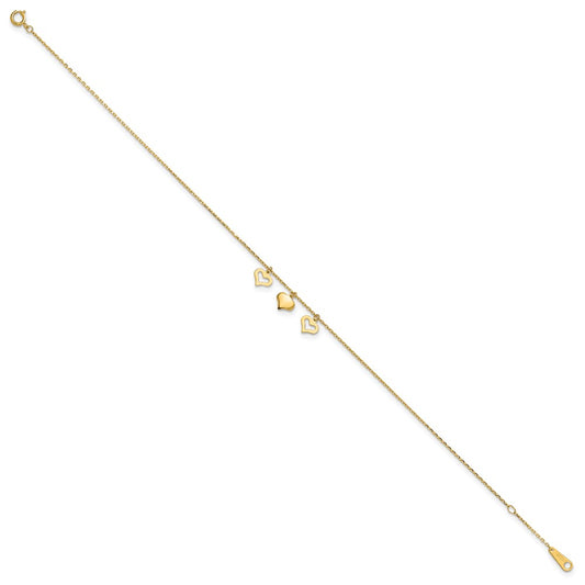 10k Polished Three Heart Dangles 9 inch Plus 1 inch Extender - Total 10 inch Anklet