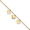 10k Polished Three Heart Dangles 9 inch Plus 1 inch Extender - Total 10 inch Anklet