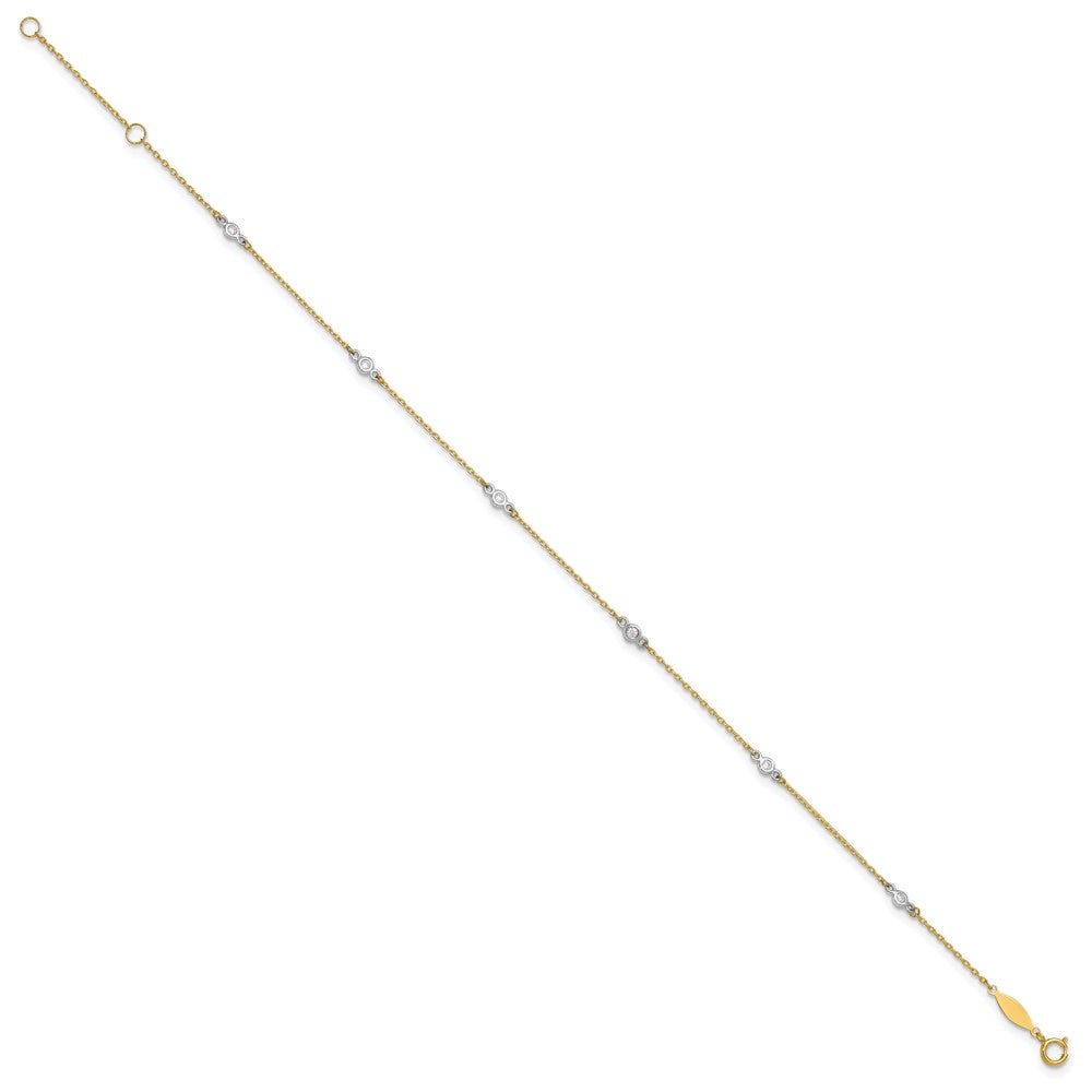 10k Two-tone Bezel-set 3.6mm CZ 6-Station 9 inch Plus 1 inch Extender - Total 10 inch Anklet