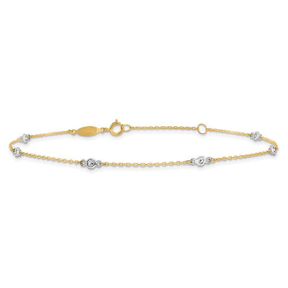 10k Two-tone Bezel-set 3.6mm CZ 6-Station 9 inch Plus 1 inch Extender - Total 10 inch Anklet