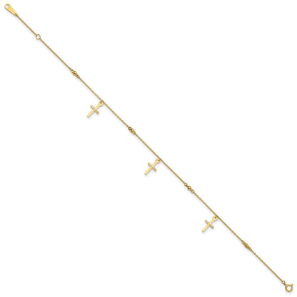 10k Polished Cross Dangle and Beads 9 inch Plus 1 inch Extender - Total 10 inch Anklet