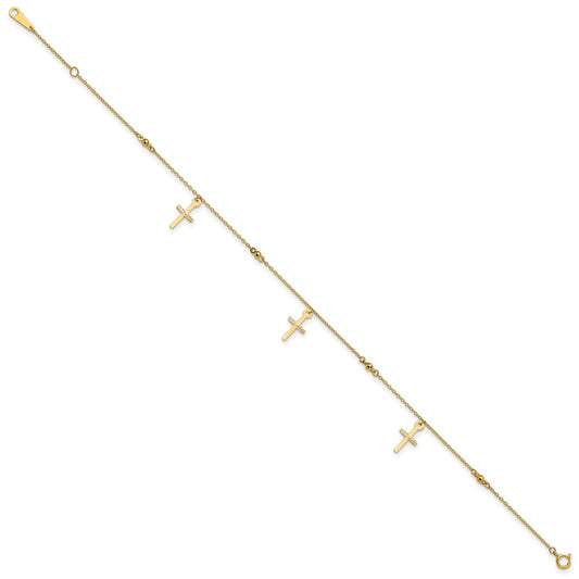 10k Polished Cross Dangle and Beads 9 inch Plus 1 inch Extender - Total 10 inch Anklet