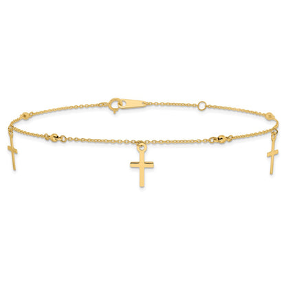 10k Polished Cross Dangle and Beads 9 inch Plus 1 inch Extender - Total 10 inch Anklet