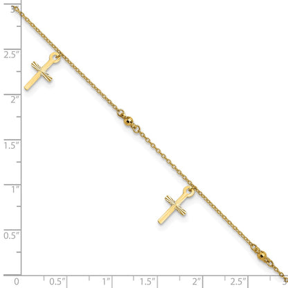 10k Polished Cross Dangle and Beads 9 inch Plus 1 inch Extender - Total 10 inch Anklet