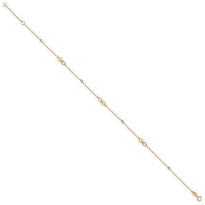 10K Two-Tone Infinity and Diamond-cut Beads 10 inch Plus 1 inch Extender - Total 11 inch Anklet