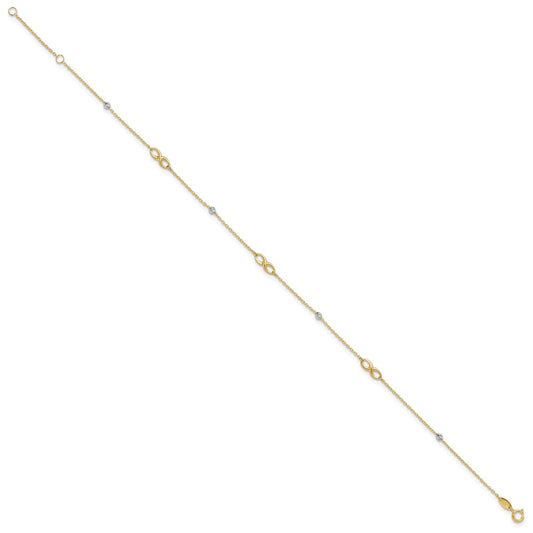 10K Two-Tone Infinity and Diamond-cut Beads 10 inch Plus 1 inch Extender - Total 11 inch Anklet