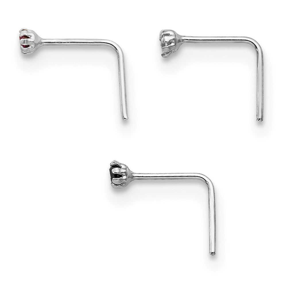 10k White Gold 20 Gauge Set of Three 1.5mm Dark Red/Clear/Black CZ Nose Studs
