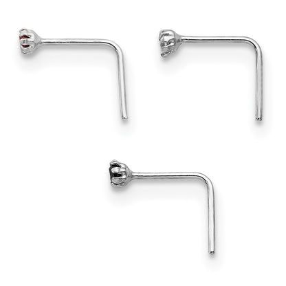 10k White Gold 20 Gauge Set of Three 1.5mm Dark Red/Clear/Black CZ Nose Studs