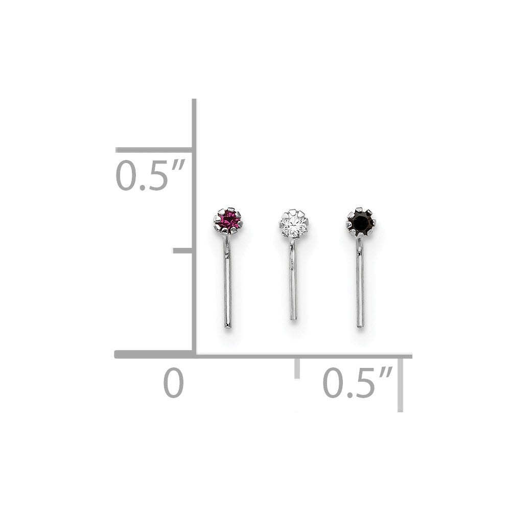 10k White Gold 20 Gauge Set of Three 1.5mm Dark Red/Clear/Black CZ Nose Studs