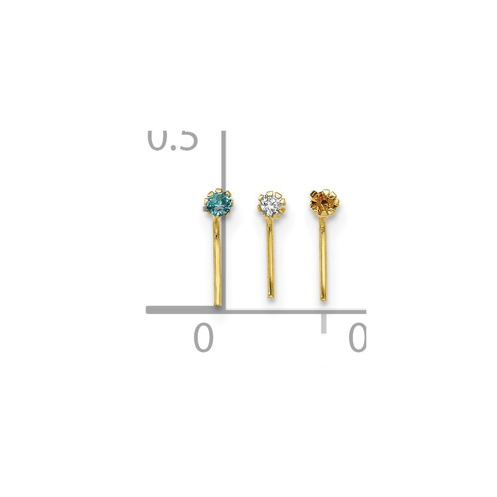 10k 20 Gauge Set Of Three 1.5mm Blue/Clear/Yellow CZ Nose Studs