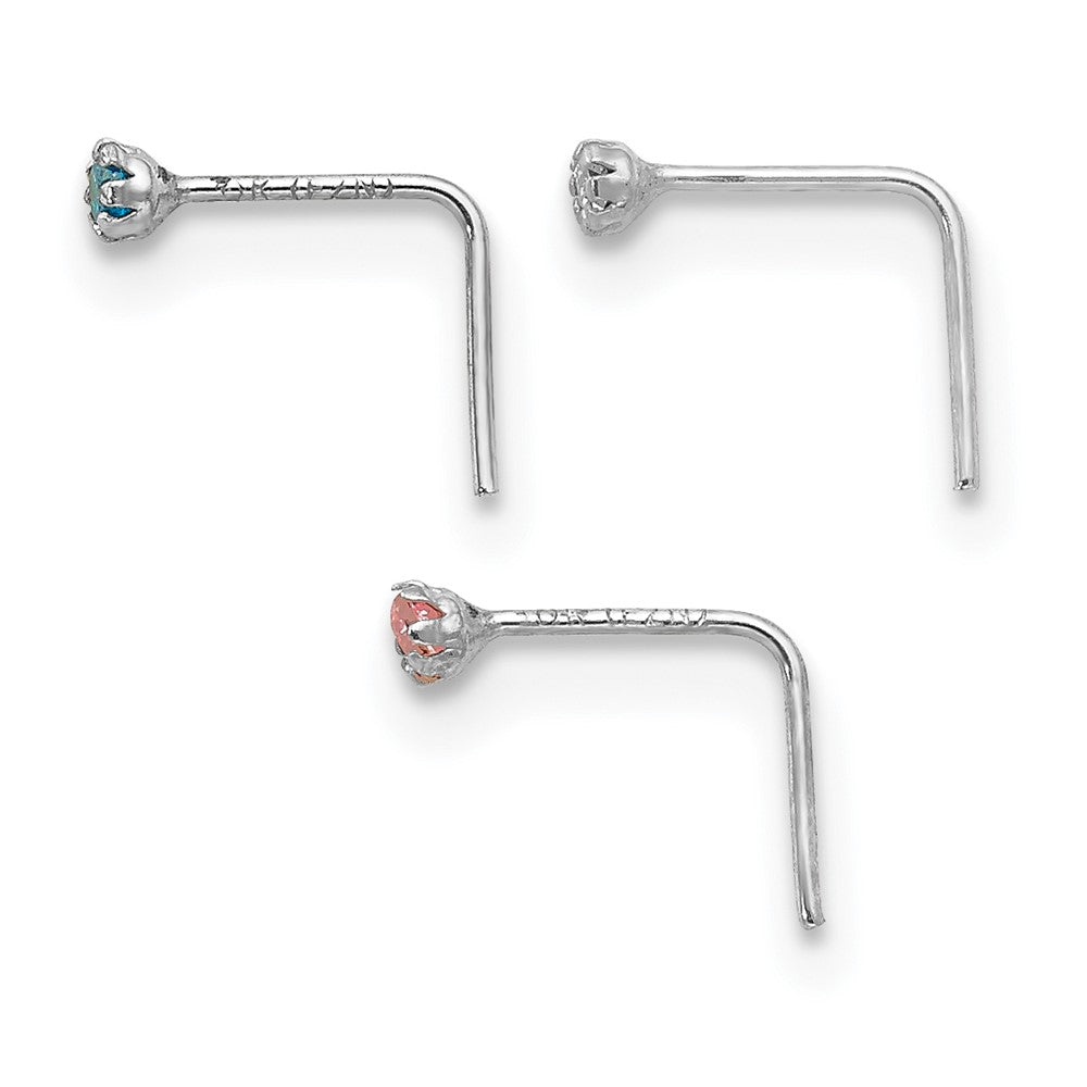 10k White Gold 20 Gauge Set of Three 1.5mm Blue/Clear/Pink CZ Nose Studs