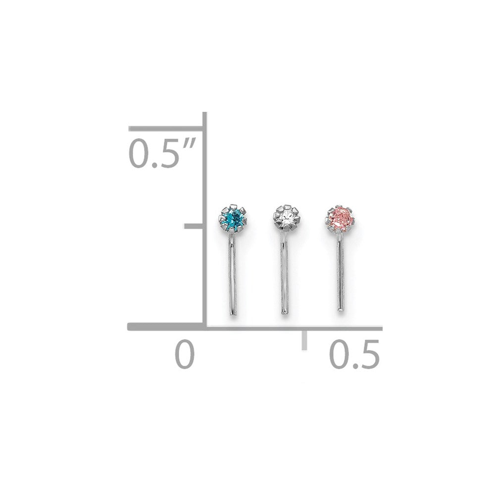 10k White Gold 20 Gauge Set of Three 1.5mm Blue/Clear/Pink CZ Nose Studs