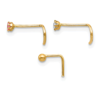 10k 20 Gauge Set of Three 2.00mm Pink/White CZ and Gold Ball Nose Studs