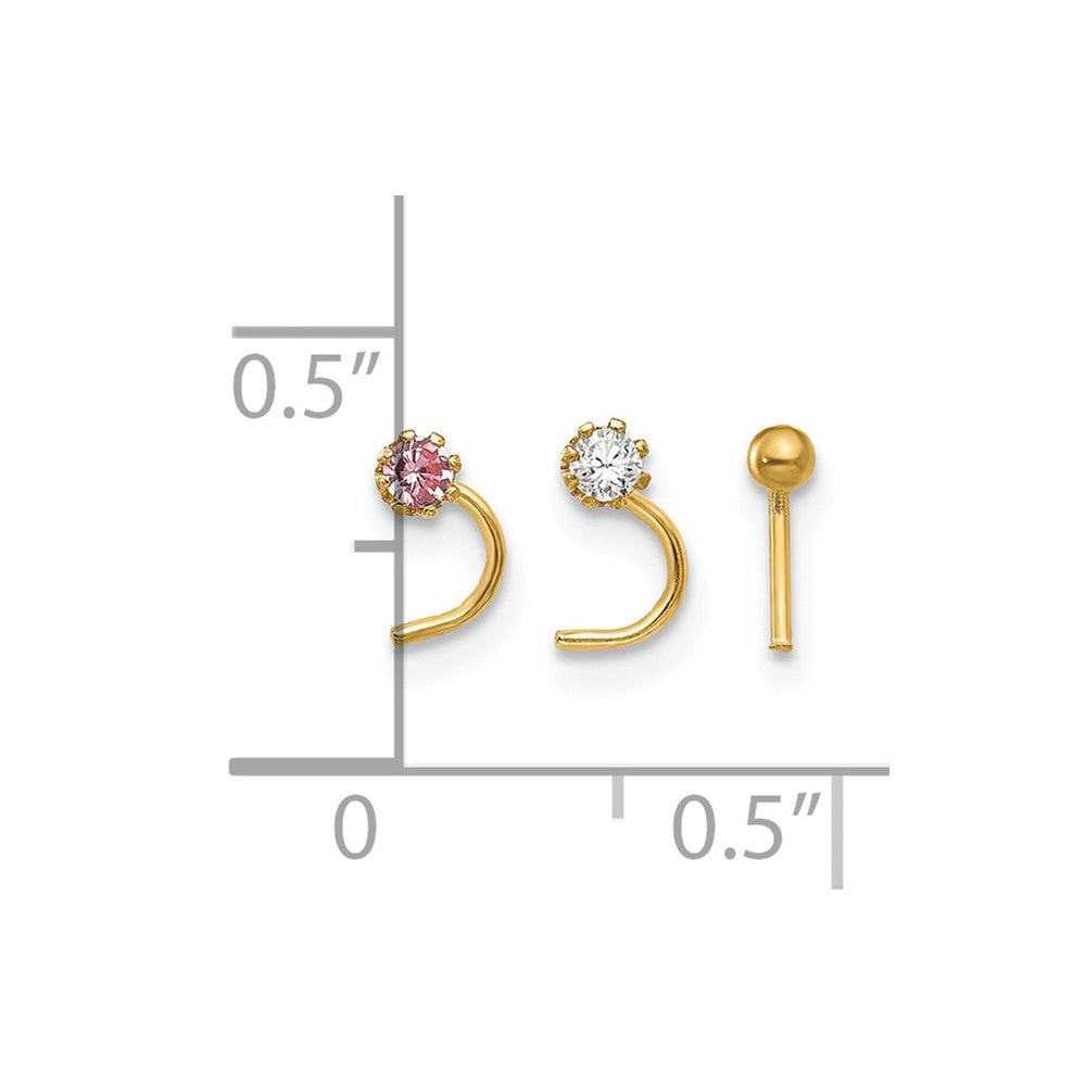 10k 20 Gauge Set of Three 2.00mm Pink/White CZ and Gold Ball Nose Studs