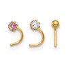 10k 20 Gauge Set of Three 2.00mm Pink/White CZ and Gold Ball Nose Studs