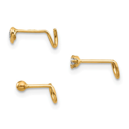 10k 20 Gauge Set Of Three Heart/Round CZ and Gold Ball Nose Studs
