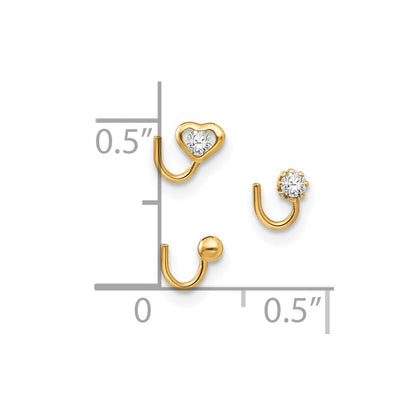 10k 20 Gauge Set Of Three Heart/Round CZ and Gold Ball Nose Studs