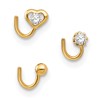 10k 20 Gauge Set Of Three Heart/Round CZ and Gold Ball Nose Studs