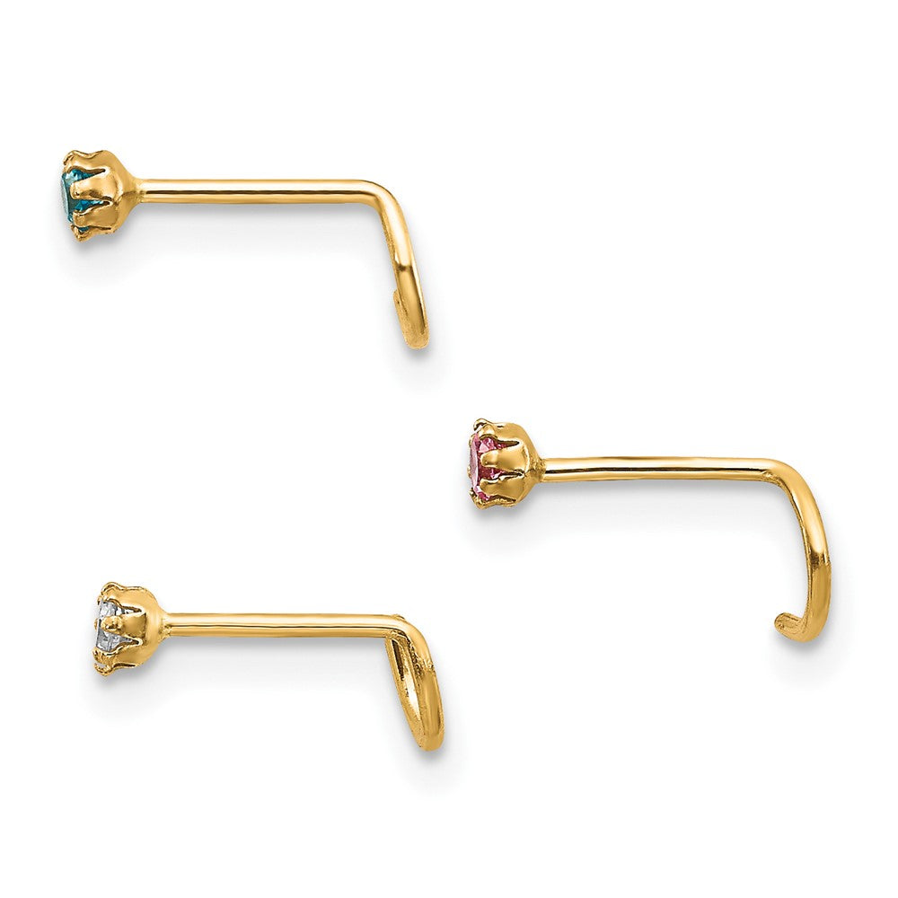 10k 20 Gauge Set Of Three 2.00mm Blue/Clear/Pink CZ Nose Studs