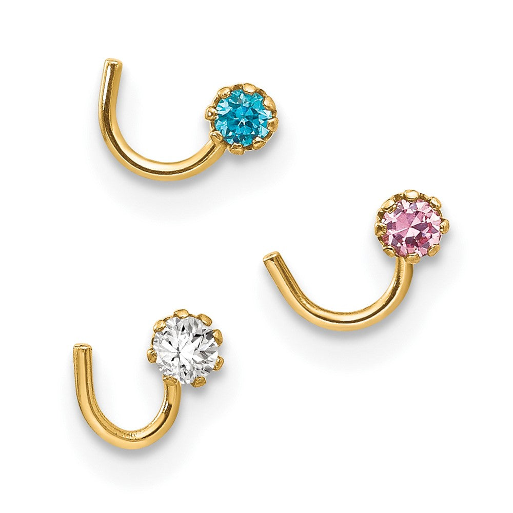 10k 20 Gauge Set Of Three 2.00mm Blue/Clear/Pink CZ Nose Studs