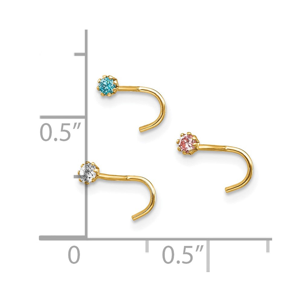 10k 20 Gauge Set Of Three 2.00mm Blue/Clear/Pink CZ Nose Studs