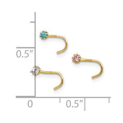 10k 20 Gauge Set Of Three 2.00mm Blue/Clear/Pink CZ Nose Studs