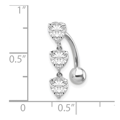10k White Gold 5mm CZ Heart 3-Stone Belly Dangle