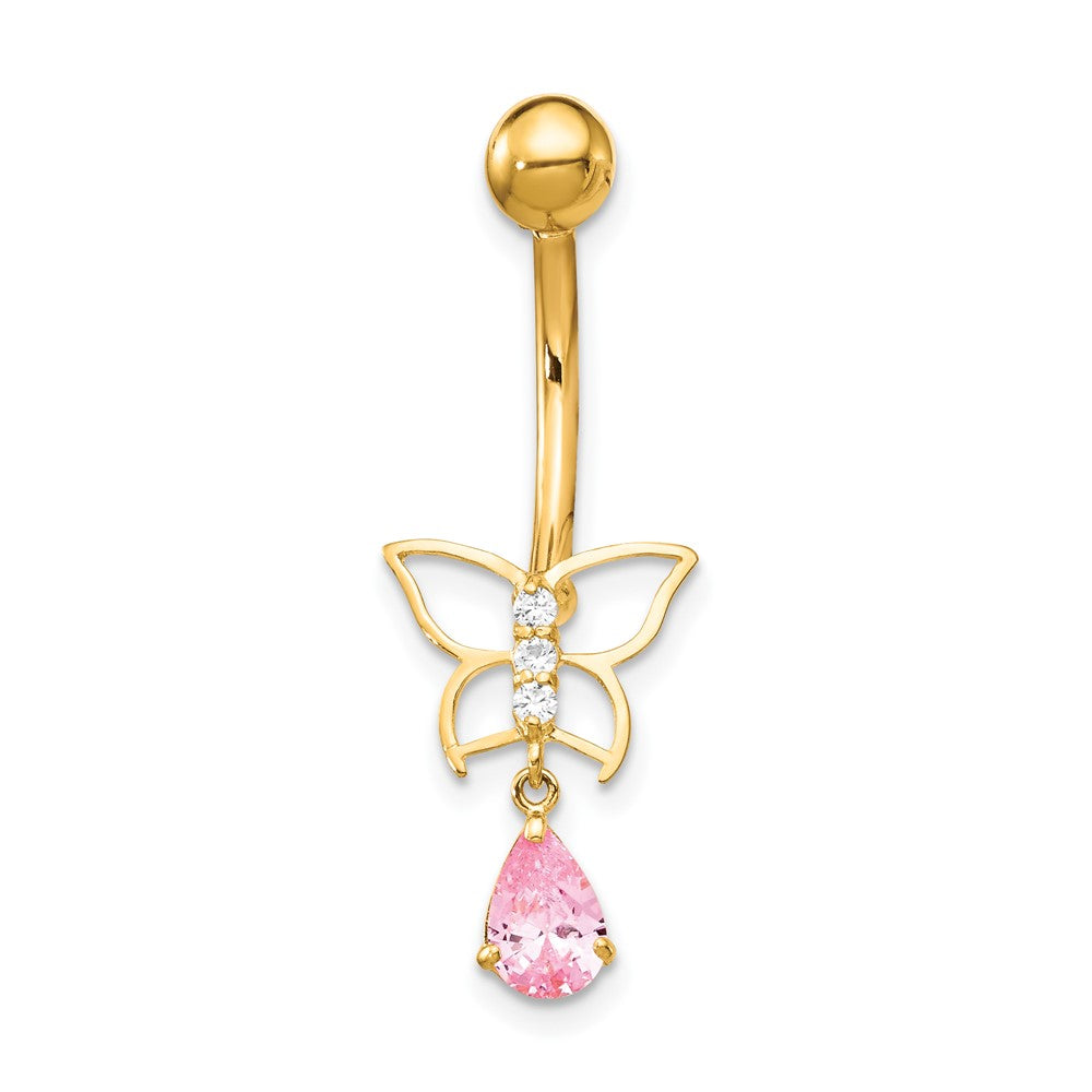 10k 14 Gauge Dangle Butterfly with Pink CZ Belly Dangle