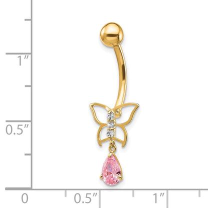 10k 14 Gauge Dangle Butterfly with Pink CZ Belly Dangle