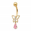 10k 14 Gauge Dangle Butterfly with Pink CZ Belly Dangle