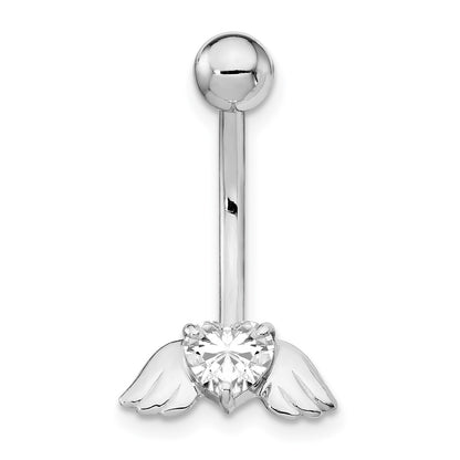 10k White Gold 14 Gauge CZ Heart with Angel Wings Belly Dangle